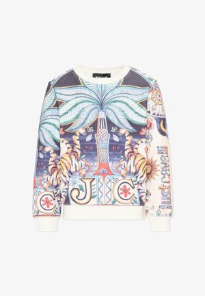 Sweat-shirt avec impression colorée d'un palmier, deux tigres, lettres en bloc "CJC" et texte "JUST CAVALLI" sur la manche sur fond crème.