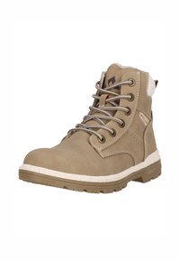 Beige leren enkellaarsjes met grijze veters, gevoerde kraag en witte zooldetails. Voorzien van stiksels en zijmerk accenten.