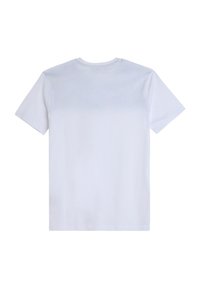 Camiseta de algodón blanca, de manga corta, cuello redondo, textura suave, sin gráficos ni patrones, diseño liso, ajuste estándar. Vista trasera mostrada.