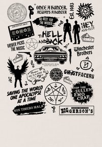 Schwarzes Grafikdesign mit Text und Symbolen zum Thema "Supernatural", einschließlich Autos, Engeln und verschiedenen Skizzen auf hellem Hintergrund.