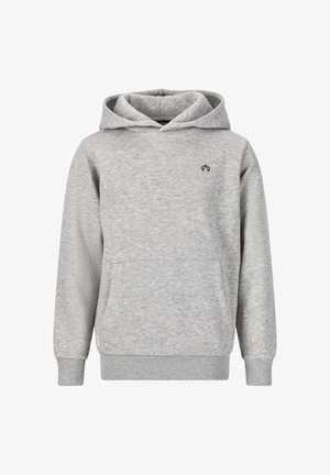 Lys grå langærmet hoodie med front kangaroo lomme og lille sort logo på venstre bryst mod en hvid baggrund.