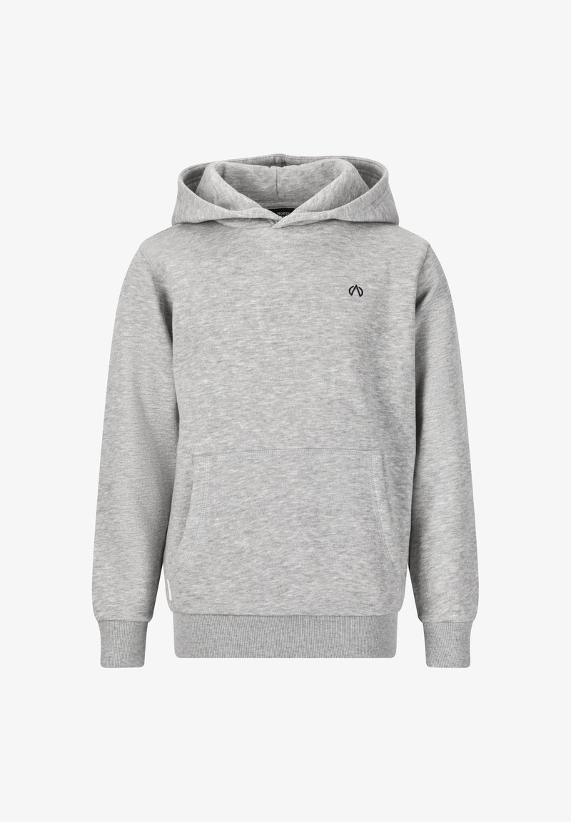 Lys grå langærmet hoodie med front kangaroo lomme og lille sort logo på venstre bryst mod en hvid baggrund.