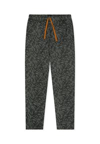 Dark green pants with black leaf patterns, orange drawstring at elastic waistband, straight leg fit.
