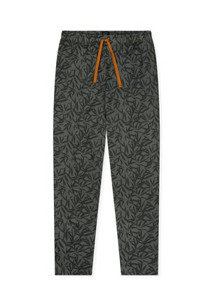 Dark green pants with black leaf patterns, orange drawstring at elastic waistband, straight leg fit.