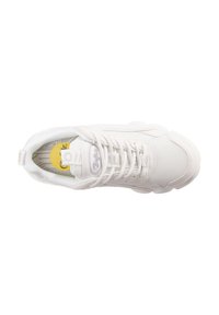 White athletic shoe featuring a mesh upper, round laces, padded collar, and a textured sole with a logo accent on the tongue.