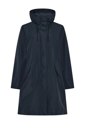 Marineblauer wasserdichter Regenmantel mit Kapuze, verstellbarem Kordelzug, zwei Vordertaschen und geradem Schnitt. Glatte Textur und minimalistisches Design.