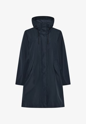 Marineblauer wasserdichter Regenmantel mit Kapuze, verstellbarem Kordelzug, zwei Vordertaschen und geradem Schnitt. Glatte Textur und minimalistisches Design.