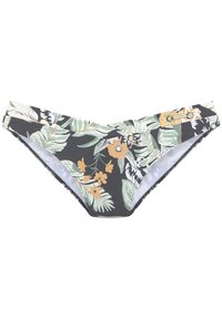 Bikini-Höschen mit floralem Muster bestehend aus grünen Blättern und orangefarbenen Blumen auf schwarzem Hintergrund. Hergestellt aus dehnbarem Stoff mit glatter Textur.