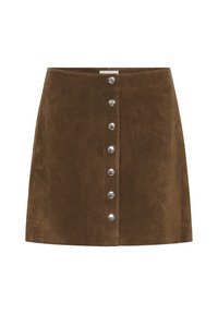 Barna velúr miniszoknya, elől hét ezüst patenttal, egyenes szabású, látható zsebek vagy minták nélkül.