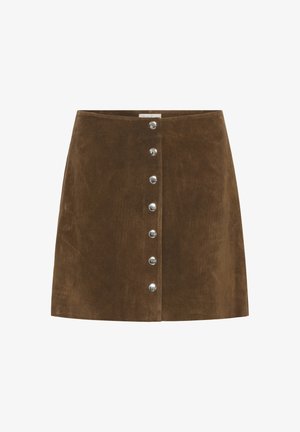 Barna velúr miniszoknya, elől hét ezüst patenttal, egyenes szabású, látható zsebek vagy minták nélkül.