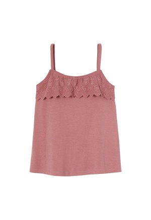 Ärmelloses, roséfarbenes Oberteil mit dünnen Trägern und einer gezackten, bestickten Spitzenverzierung entlang der Brust.