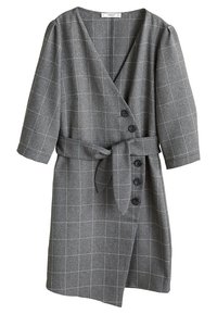 Robe portefeuille grise à motif à carreaux, avec un col en V profond, des manches trois-quarts et une ceinture assortie. Elle est ornée de boutons noirs à l'avant.