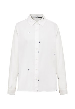 White long-sleeve button-up shirt with small black cat embroidery scattered across the front, collar, and sleeves.