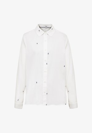 White long-sleeve button-up shirt with small black cat embroidery scattered across the front, collar, and sleeves.
