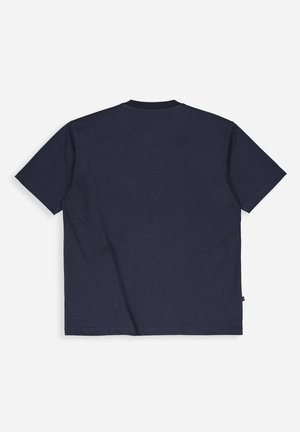 Marineblaues Kurzarm-T-Shirt aus Baumwolle mit Rundhalsausschnitt, das ein schlichtes Design und einen geraden Schnitt aufweist. Keine sichtbaren Muster oder Grafiken.