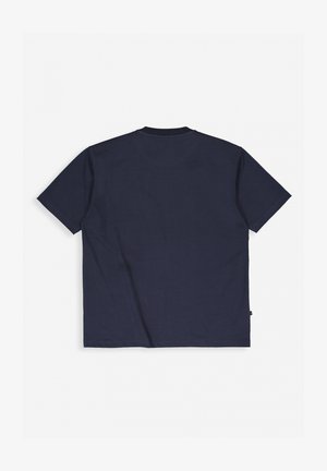 Marineblaues Kurzarm-T-Shirt aus Baumwolle mit Rundhalsausschnitt, das ein schlichtes Design und einen geraden Schnitt aufweist. Keine sichtbaren Muster oder Grafiken.
