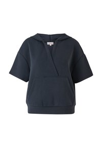Sweat à capuche bleu marine foncé à manches courtes avec un col en V profond et une poche kangourou à l'avant, coupe ample, présenté sur fond blanc.