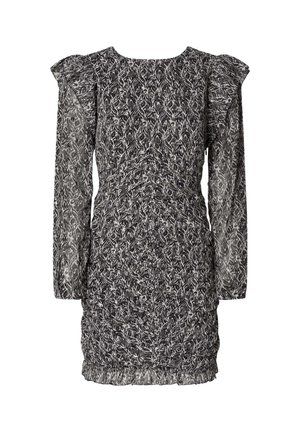 Vestito a fantasia bianco e nero con maniche lunghe e trasparenti, spalle arricciate e aderente, caratterizzato da una texture arricciata e un orlo frillato.