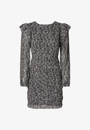 Vestito a fantasia bianco e nero con maniche lunghe e trasparenti, spalle arricciate e aderente, caratterizzato da una texture arricciata e un orlo frillato.