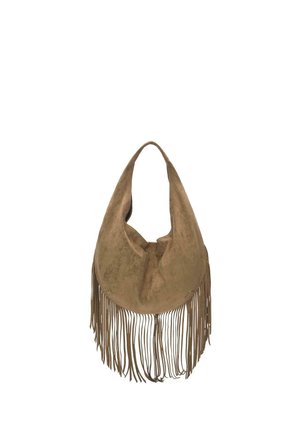 Weiche braune Wildleder-Schultertasche mit langen Fransen am unteren Rand vor weißem Hintergrund.