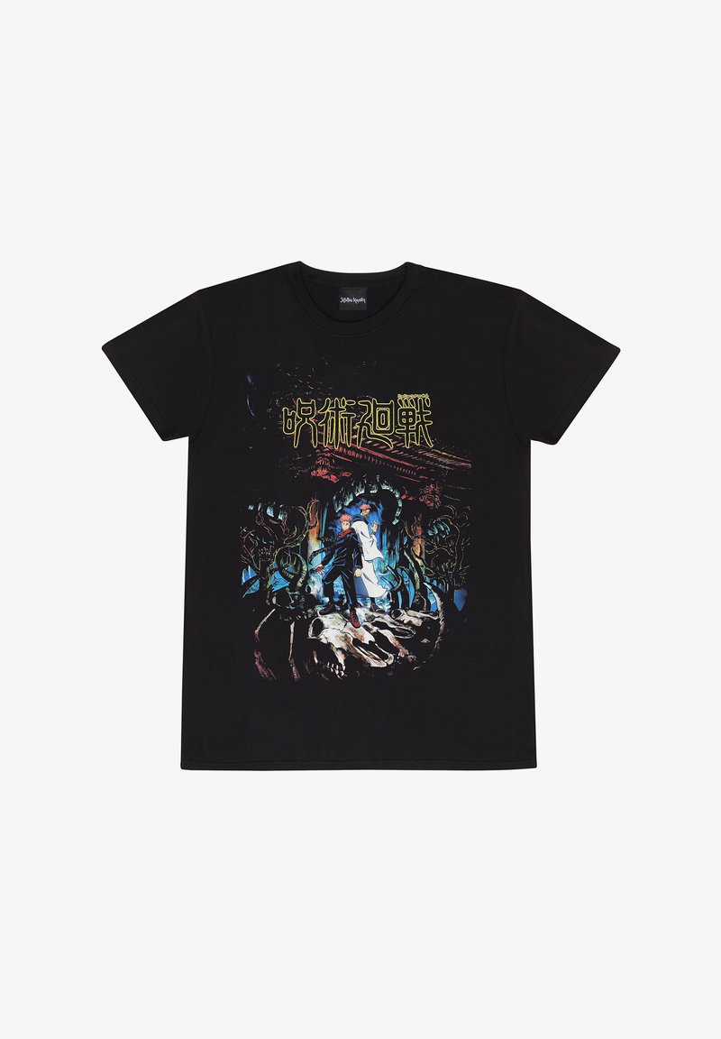 T-shirt nera in cotone con una grafica colorata che presenta personaggi e dettagli intricati, su uno sfondo scuro.