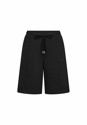 Zwarte shorts tot op de knie met een elastische tailleband en verstelbare trekkoord, een naad aan de voorkant en rechte pijpen.