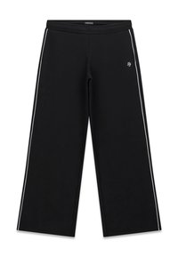 Czarne szerokie spodnie dresowe wykonane z miękkiego materiału, z białymi paskami po bokach i haftowanym logo na przodzie.