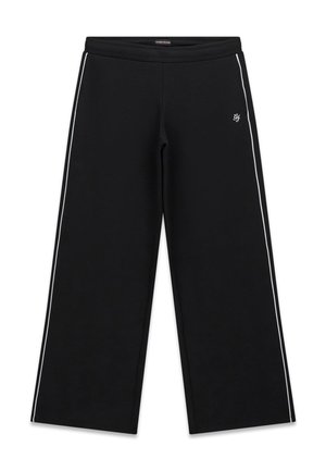 Pantaloni sportivi neri a gamba larga realizzati in materiale morbido, con strisce laterali bianche e logo ricamato sulla parte anteriore.