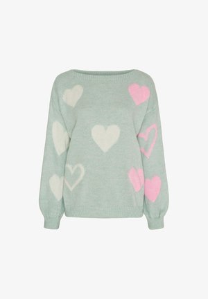 Lyse mintgrøn sweater med blød strikket tekstur, med hvide og lyserøde hjerte mønstre, bred halsudskæring og ballonærmer.