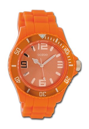 Orange silicone watch with a round face, clear dial, and bold hour markers; features a textured band and a metal crown for adjustment.