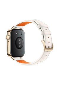 Smartwatch with a black display and gold frame, featuring a white leather strap with orange accents and a metal buckle.