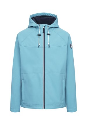 Lyseblå jakke med hætte, kontrasterende navy for, frontlynlås, snørredetalje og sidelommer. Har skrå sømme og logo-patch.
