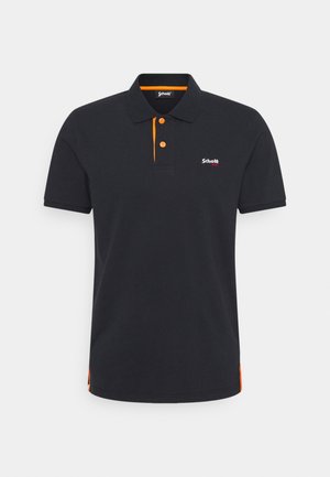 Polo nero con accenti arancioni, dotato di una patta a due bottoni, maniche corte e un logo sul lato sinistro del petto. Design a vestibilità classica.