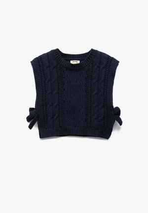Top court en tricot bleu marine avec des motifs en relief, un col rond et des accents noués sur les côtés. Tissu texturé, manches courtes.