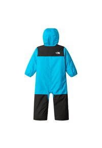 Blå og svart isolert heldress med hette; har en logo på øvre rygg og lange ermer for full dekning.