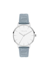 Montre argentée avec un cadran blanc, marqueurs d'heure minimalistes et un bracelet en silicone texturé bleu clair présentant un motif.