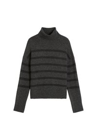Dunkelgrauer Rollkragenpullover aus weichem Stoff, mit horizontalen schwarzen Streifen, langen Ärmeln und einem kurzen Design.