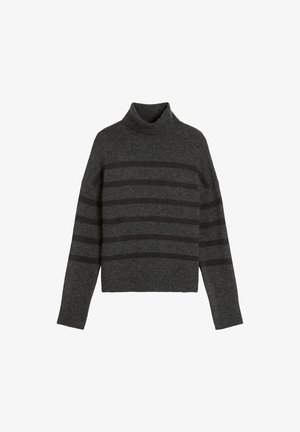 Dunkelgrauer Rollkragenpullover aus weichem Stoff, mit horizontalen schwarzen Streifen, langen Ärmeln und einem kurzen Design.