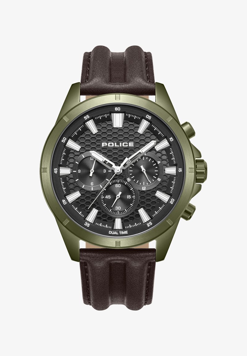 Chronografas su juodu šešiakampiu ciferblatu, žaliu metaliniu korpusu ir rudąja odine apyranke; turi baltus valandų žymeklius ir dvigubą laiko rodymą.