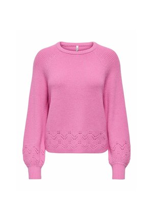 Pull rose tricoté à manches longues avec col rond côtelé, poignets et motif en dentelle décoratif près de l'ourlet et des extrémités des manches.