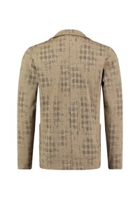 Blazer beige con patrón de jaquard, mangas largas, solapa con muesca, dos bolsillos laterales y tejido texturizado. Se muestra vista posterior.
