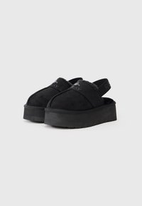Sandale cu platformă negre, realizate din suede moale și căptușite cu blană de miel. Pantoful dispune de o curea elastică la spate și o talpă din cauciuc texturat.