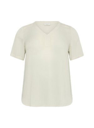 Bluză cu mâneci scurte, de culoare bej deschis, cu decolteu în V, textură moale și croială lejeră. Prezintă broderie subtilă pe umeri și pe margine.