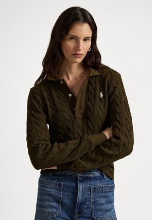 CABLE-KNIT COTTON LONG-SLEEVE POLO SHIRT - Pulover - dark brown