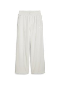 Pantalones de pierna ancha blancos, confeccionados en un tejido suave y texturizado. Incluyen una cinturilla alta y un pequeño logo en el lado izquierdo.
