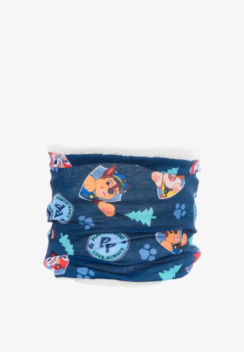 Scaldacollo tubolare multicolore in tessuto blu navy, decorato con personaggi dei cartoni animati, impronte di zampe ed emblemi, con morbida fodera in pile bianco.