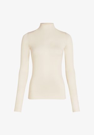 Top de manga larga y cuello alto en color crema, con un diseño ajustado y suave, textura delicada y costuras mínimas para una apariencia elegante.