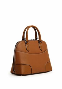 Borsa a spalla in pelle marrone con una forma strutturata, dotata di doppi manici, accessori in argento e cuciture a contrasto lungo il corpo.