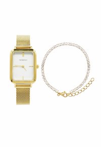 Goldene Metall-Mesh-Uhr mit rechteckigem Zifferblatt, weißem Ziffernblatt und gelben Akzenten; kombiniert mit einem goldenen Armband, das klare Kristallsteine enthält.