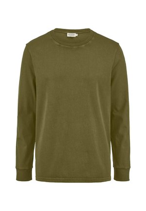 Olivgrünes Langarmshirt mit Rundhalsausschnitt, gerippten Bündchen und Halslinie, unifarben, auf weißem Hintergrund dargestellt.